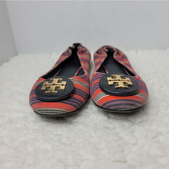 Tory Burch Bauer Reva Womens Ballet Flat Size 7.5 Striped Red Canvas Slip On - Picture 2 of 10